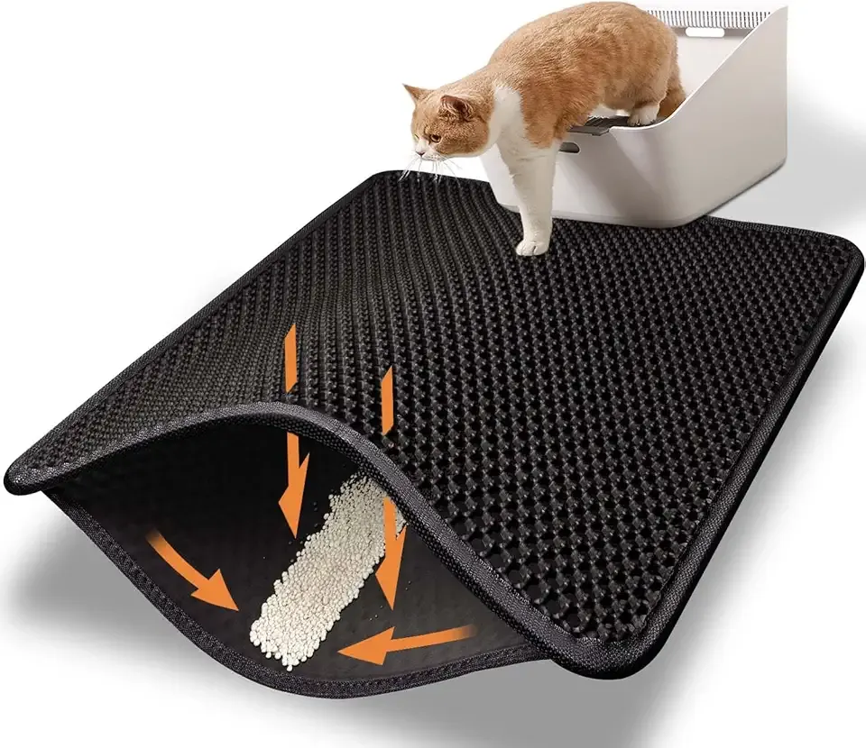 Cat Litter Mat Litter Box Mat, EVA Honeycomb Double Layer Design, Urine & Waterproof, Scatter Control Kitty Litter Mat, Less Waste, Easier To Clean,Washable, Black