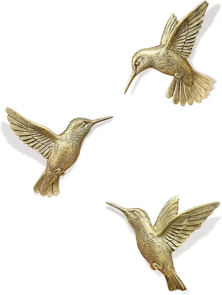 GUSFREUD 3D Hummingbird Wall Decor Set - Brass Resin Bird Wall Decor for Living Room, Bedroom and Gallery Walls - Vintage Gold - Set of 3
