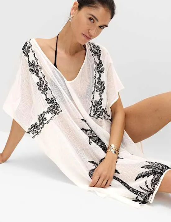 Mini-Kaftankleid mit hohem Baumwollanteil und Stickerei