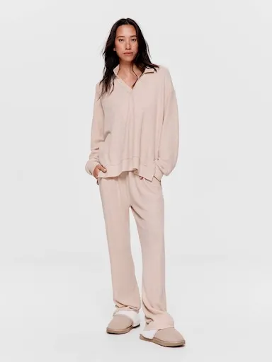 Caramel Brushed Waffle Polo Long Sleeve Top