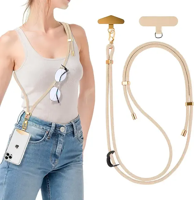 Crossbody Phone Lanyard Strap with 2 Tether Tabs (Nylon Pad + Metal Plate), Adjustable Cell Phone Lanyard