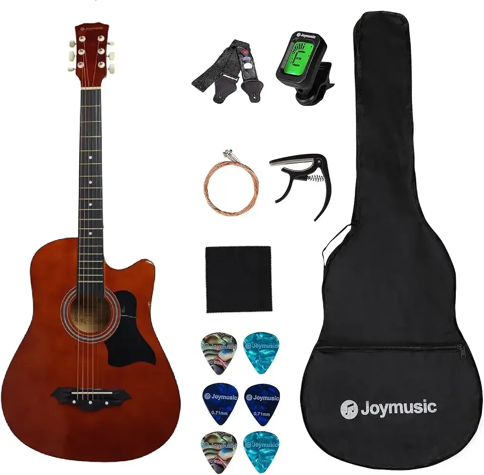 Joymusic 38 inch brown beginner acoustic guitar kit,bundle with a strap with picks holder,digital tuner, set strings, capo,cleaning cloth,6 picks,gig bag.(JG-38C,BR)