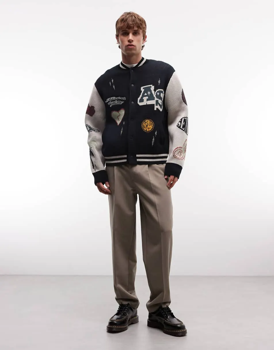 AllSaints Chase patch knit varsity cardigan in black