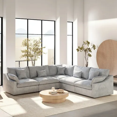 Modular Large 238 in. Flared Arm 5-Piece L-shaped Linen Cloud Couch Sectional Sofa in.Gray