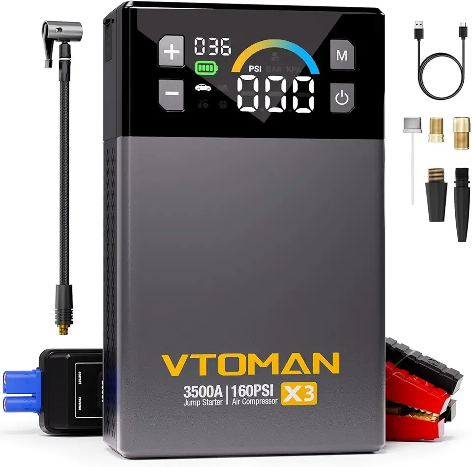 VTOMAN X3 Jump Starter with Air Compressor, 3500A Portable Car Battery Jumper Starter (9L Gas/8.5L Diesel Engines) with 160PSI Auto-Shutoff Tire Inflator, 12V Lithium Battery Booster Pack, Jump Box