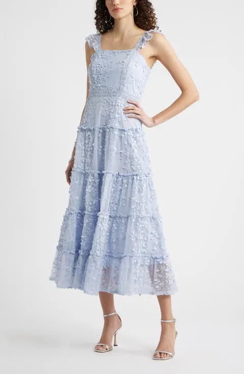 3D Floral Lace Tiered Midi Dress