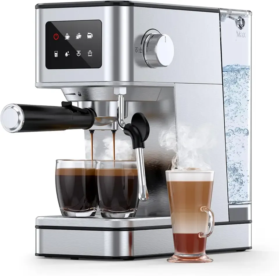 Espresso Machine 20 Bar, Compact Espresso Maker with Milk Frother & Touchscreen for Home, Stainless Steel Coffee Machine with 57.5oz Removable Water Tank for Cappuccino, Latte, Silver