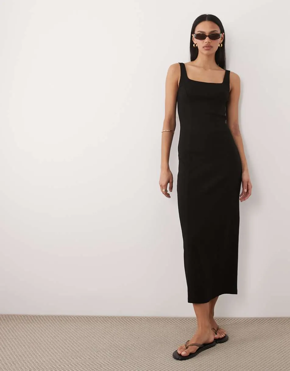 ASOS DESIGN square neck seam detail midi dress in black