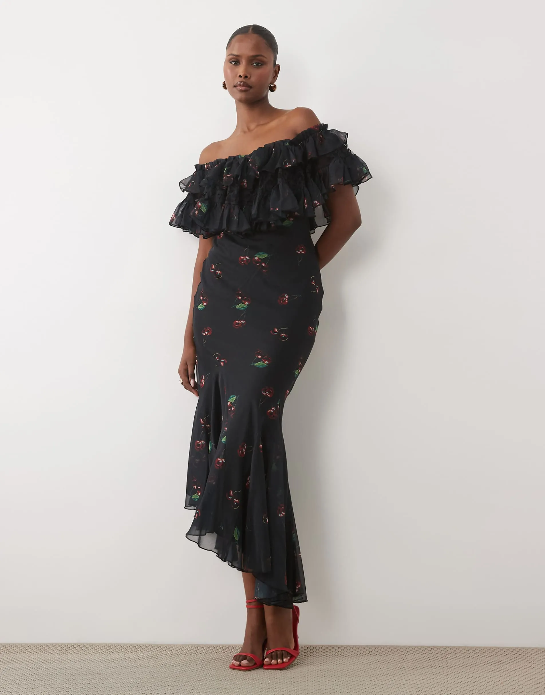 ASOS DESIGN lace mix bardot off shoulder ruffle midi dress in dark cherry print
