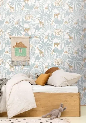 Papel pintado TNT aplicación cola en pared Infantil Jungle trip azul CASELIO 53cmx10.05m