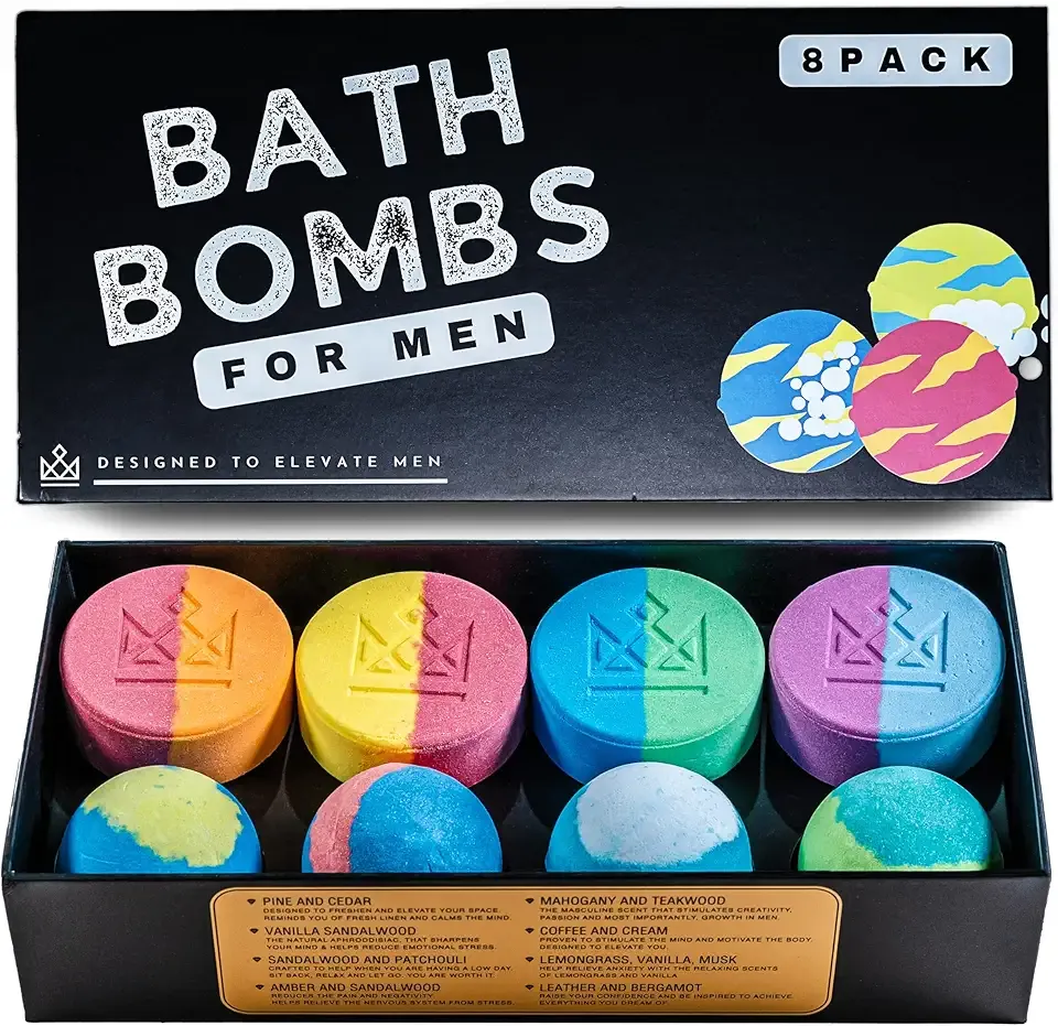 Bath Bombs for Men - Unique Sphere & Disc Shape - 8 Bath Bombs Mix of 5oz & 2.5oz - Gifts for Men - Bubble Bath Set