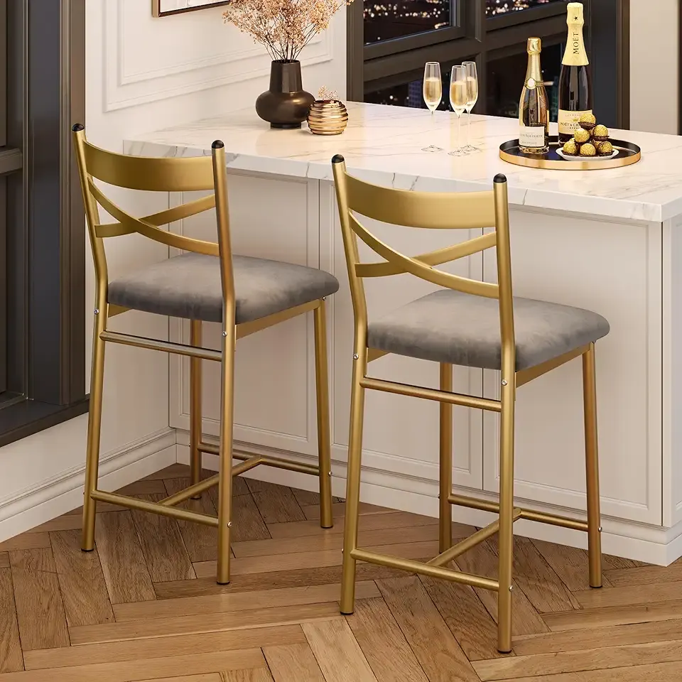 IDEALHOUSE Bar Stools Set of 2, Upholstered Bar Chairs with Back, Thick Cushion, Counter Height Barstools for Kitchen Island Apartment Counter Bar (2)