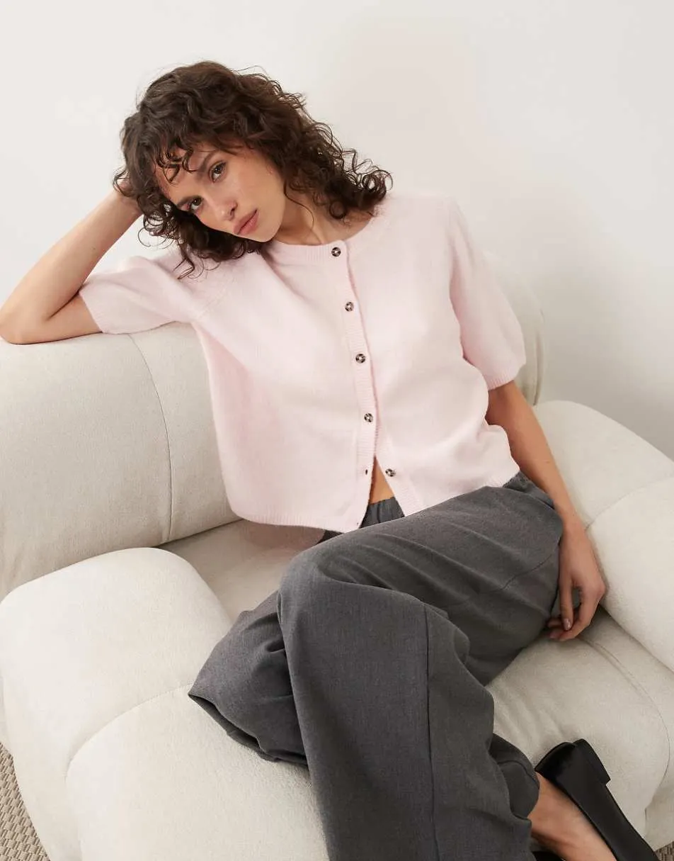 JDY short sleeve knitted cardigan with wool in light pink