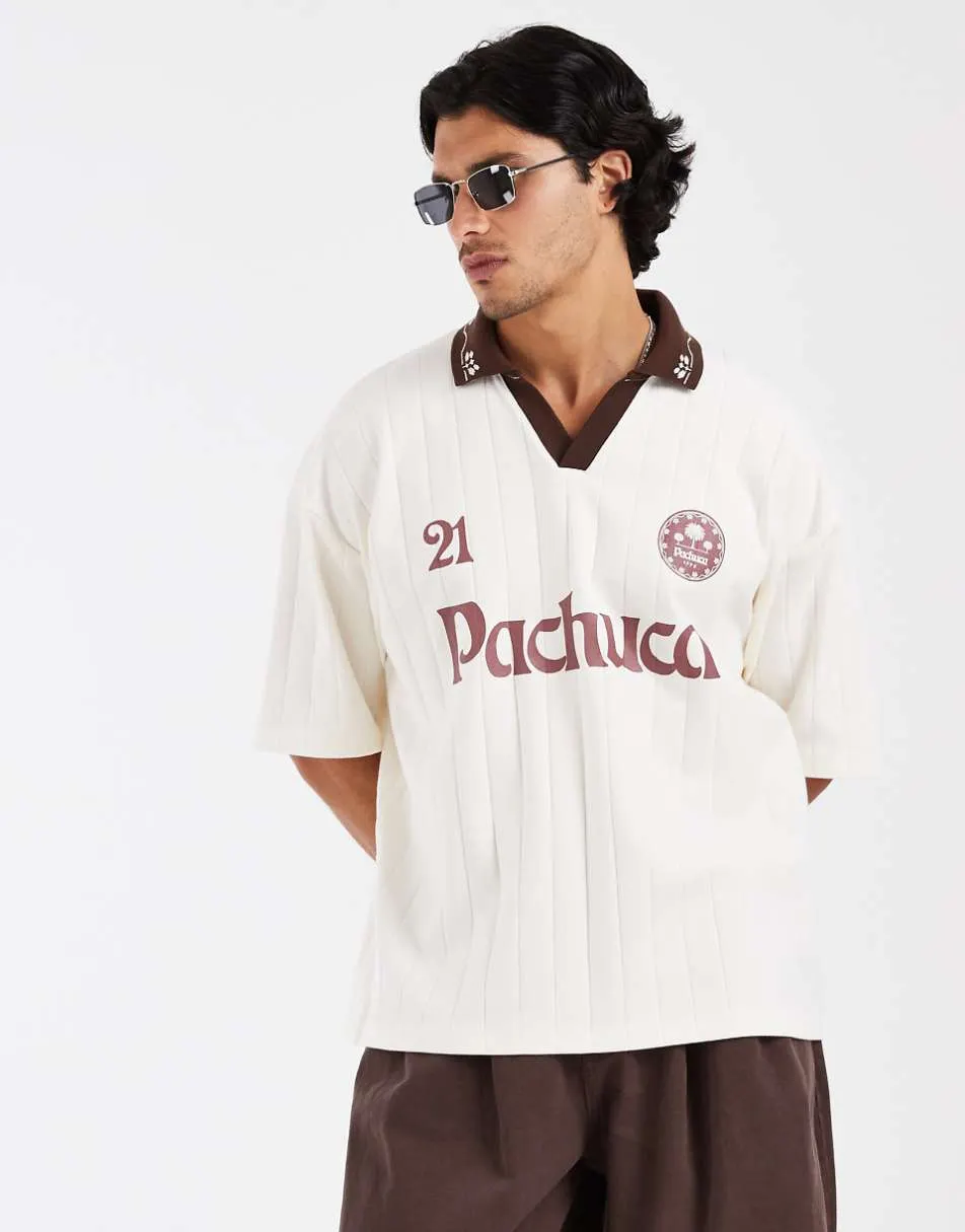 ASOS DESIGN heavyweight oversized polo with football graphic in neutral wide rib