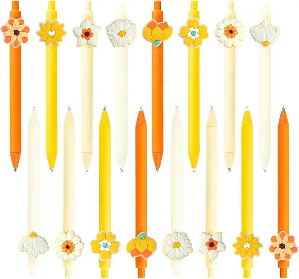 Sunny Floral Ballpoint Pens, Black Ink, Kawaii Flower Design, 8 Patterns, 5.7 Inch, Student Motivation Gift, 16 Pack