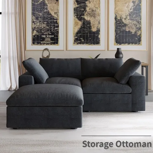 Magic Home 79 in. Linen 3-Piece Sectional Sofa Down Filling Washable Covers with Storage Ottoman in. Black