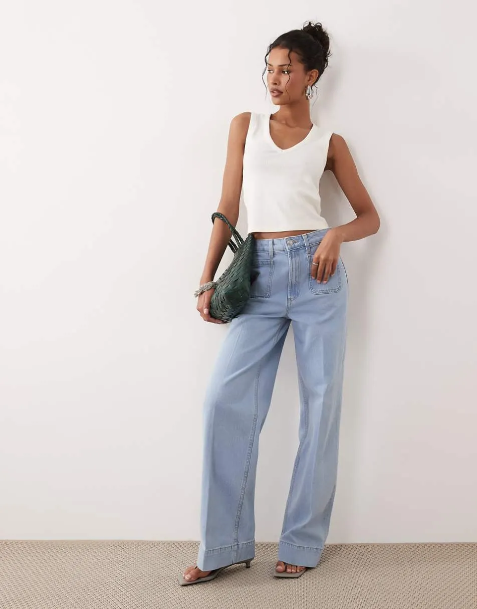 ASOS DESIGN high waist wide leg jeans with front pockets in lightwash