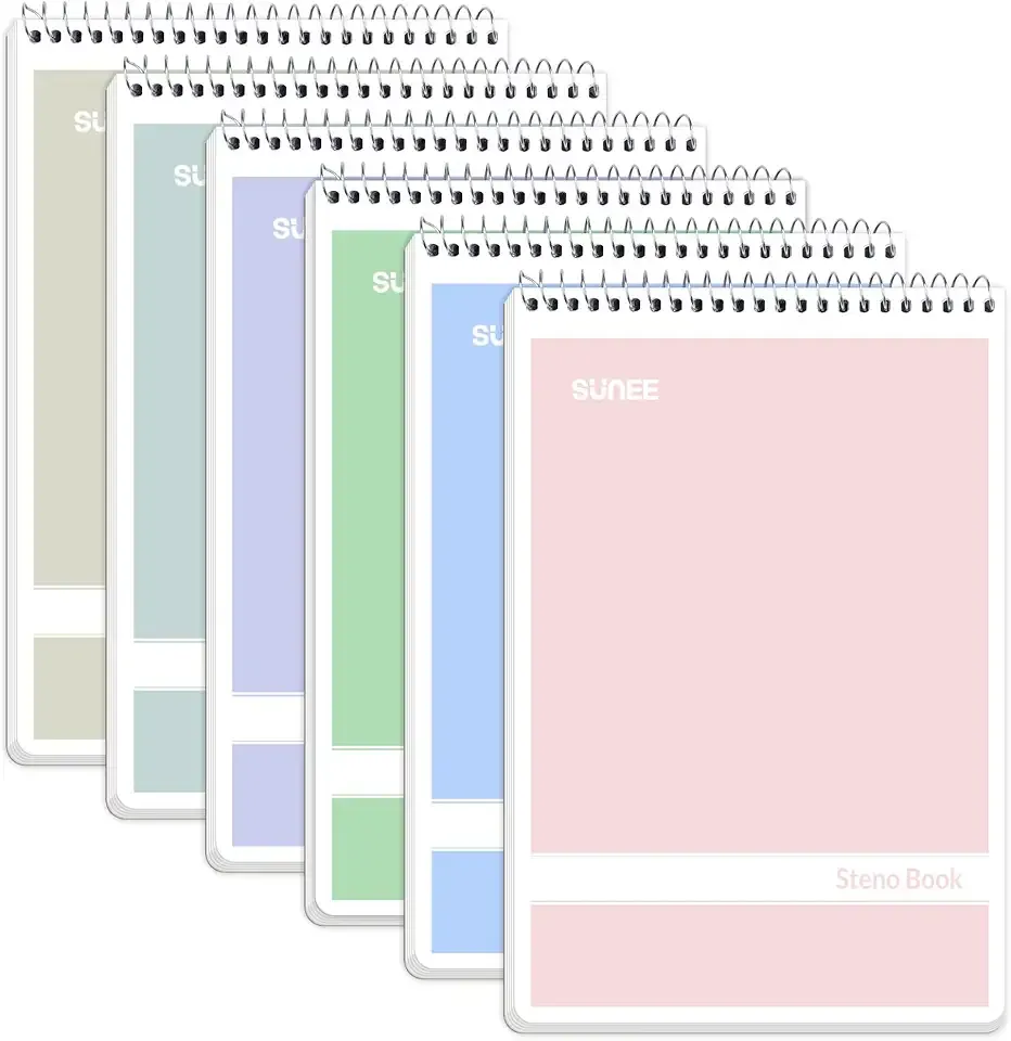 SUNEE Steno Pads 6x9 6 Pack, Gregg Rule, 60 Sheets, 6 Assorted Color Spiral Notebook 6x9, White Paper, Take Notes with Top Spiral Notebook, for School, University, College, Work, Office