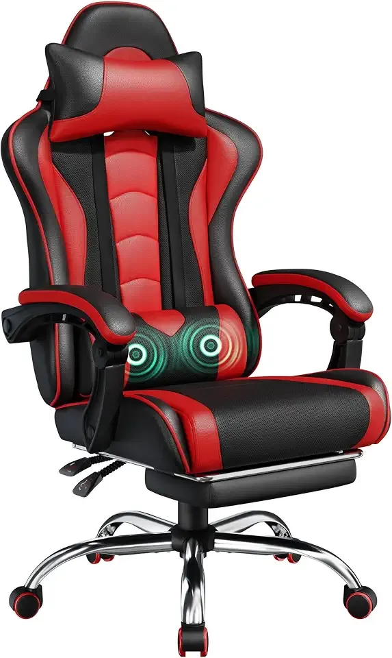 Yaheetech Gaming Chair with Footrest Massage Lumbar Pillow Black and Red | Foam-padded PU leather racing seat and plush headrest recline with a slide-out footrest; metal frame supports up to 300 lb.