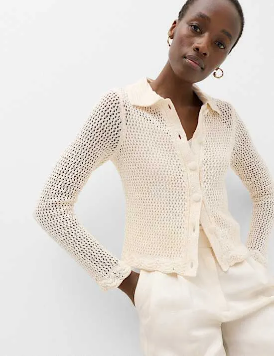 Strickjacke aus Baumwollmischgewebe in Häkeloptik mit Kragen