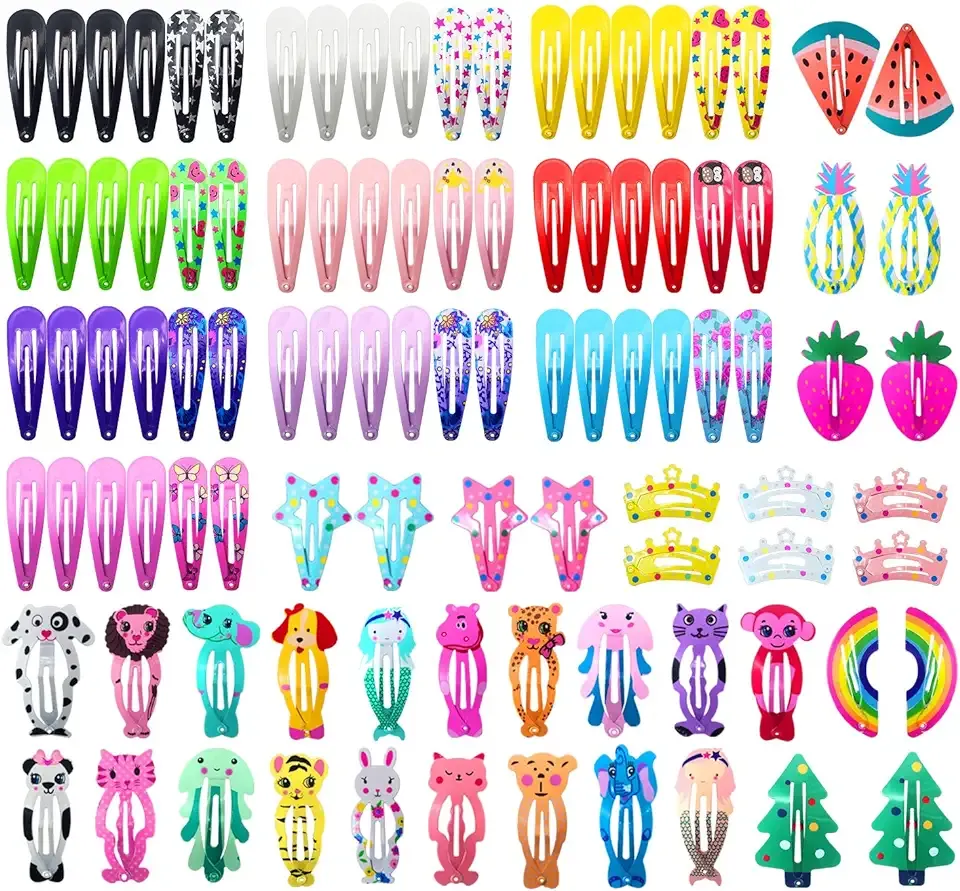 Funtopia Hair Clips for Girls,100 Pcs No Slip Metal Snap, Barrettes for Kids Teens Women, Cute Candy Color Cartoon Design Hair Pins (Animals Fruits Crowns Stars)