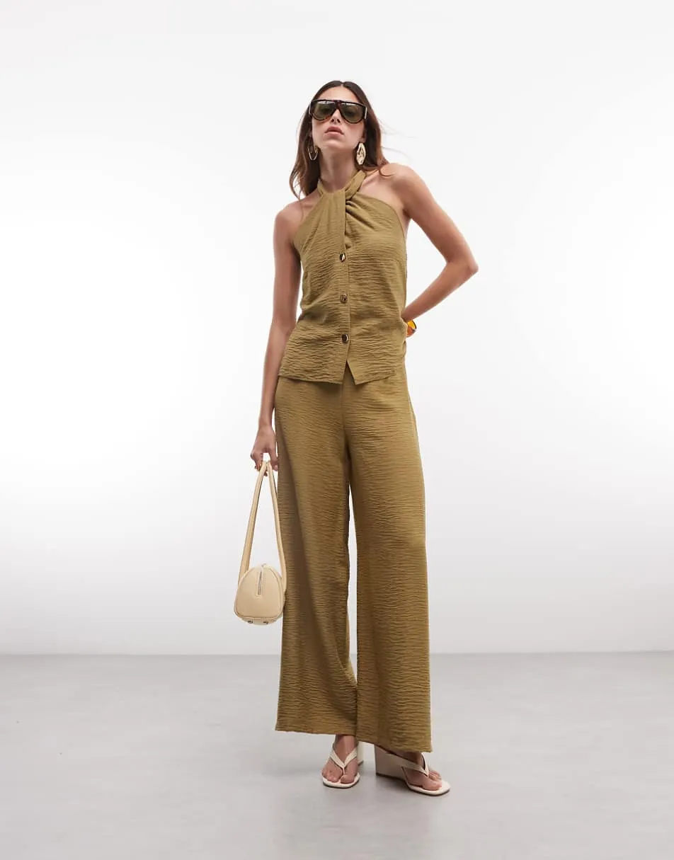 New Look co-ord button down halter neck top in khaki