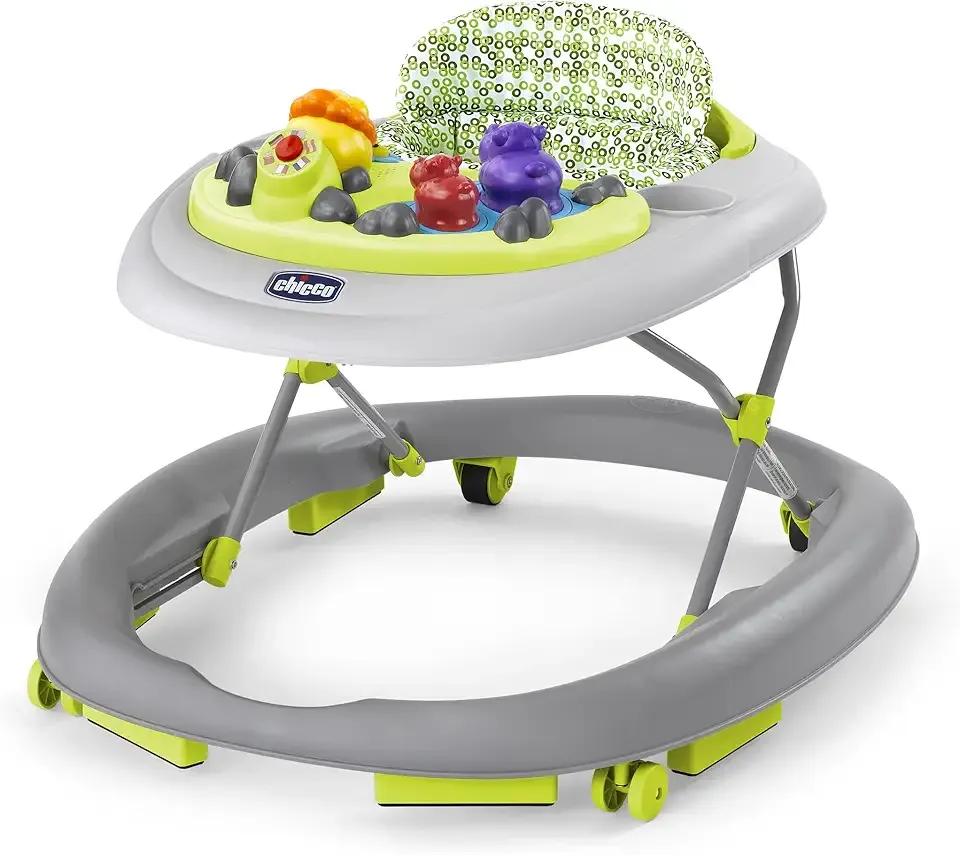 Chicco Walky Talky Foldable Baby Walker, Multilingual Play Tray with Music and Lights, 3 Height Adjustments, Brake Pads, for Children up to 26 lbs., Compact Fold | Circles/Grey/Green