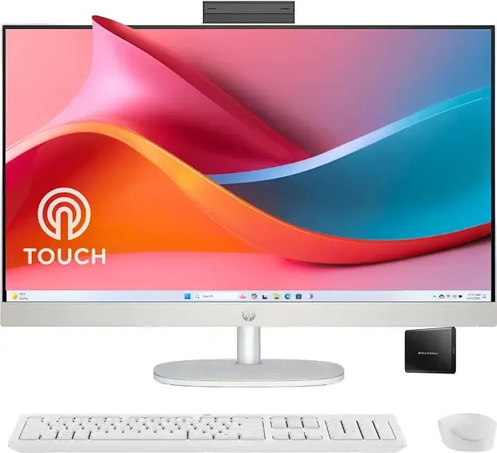 HP 27" FHD Touchscreen All-in-One Desktop Computer, 16GB DDR5 RAM 1.5TB Storage(1TB SSD and 512GB External), AMD Ryzen 5 7520U Processor, WiFi6, Wireless Keyboard & Mouse, Windows 11