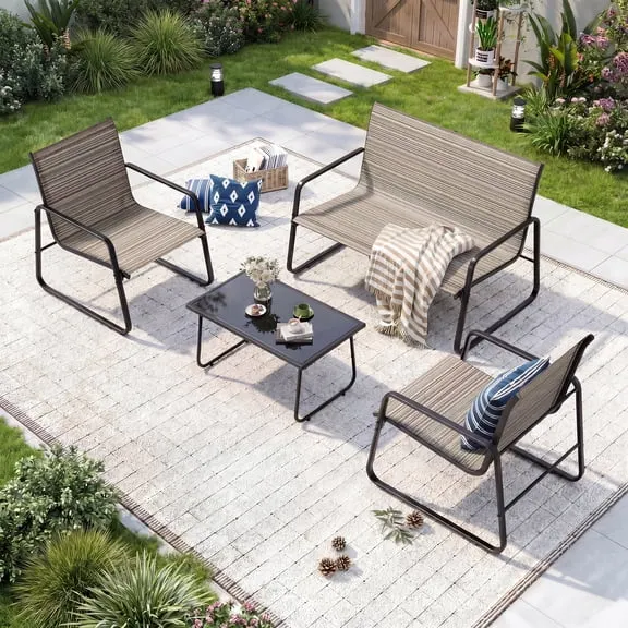 ALAULM 4 Pieces Outdoor Furniture Set All Weather Textile Fabric Patio Conversation Set w/Coffee Table, Loveseat, 2 Single Chairs for Patio, Yard, Garden, Lawn(Brown) $119.00