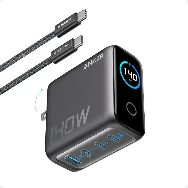 Anker 140W Max 4-Port GaN Charging Blocks,Smart Display for MacBook Charger | Fast Charger USB C Power Adapter with Touch Controls for Macbook Pro,iPad,iPhone 17/16 Series(Include 5FT Cable,Non-Battery)
