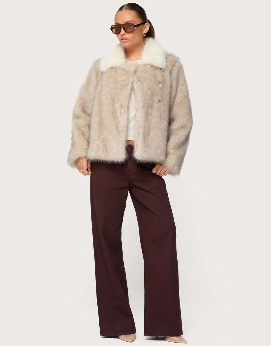 Edikted Contrast collar faux fur jacket in tan