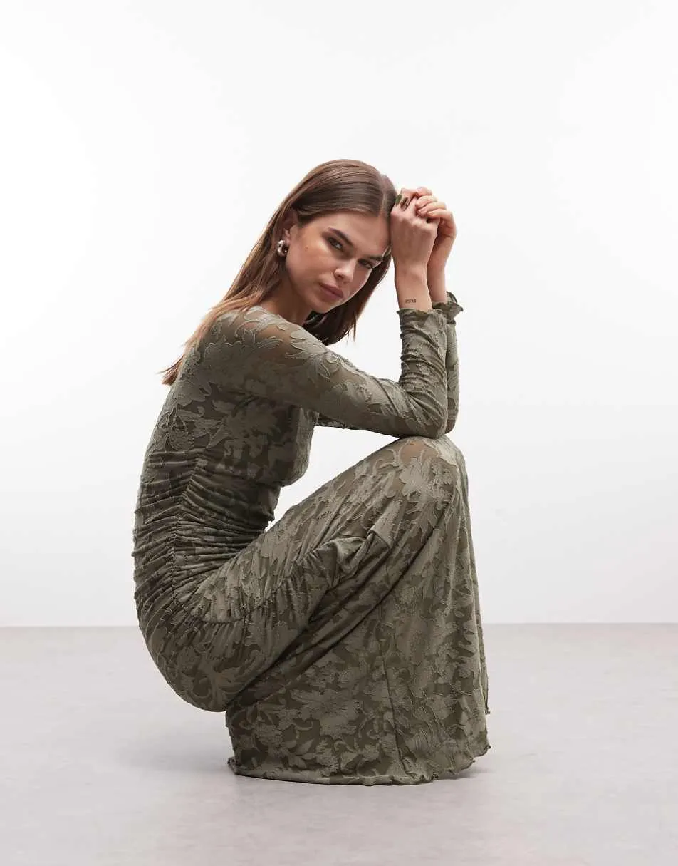 ASOS DESIGN devore long sleeve ruched maxi dress in khaki