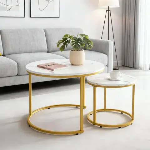 Juego de 2 Mesas de Centro Lateral Redonda Kien Dia 40+60 cm Blanco/Dorado