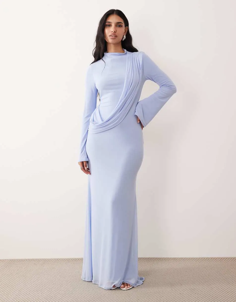 ASOS DESIGN mesh draped high neck long sleeve maxi dress in blue