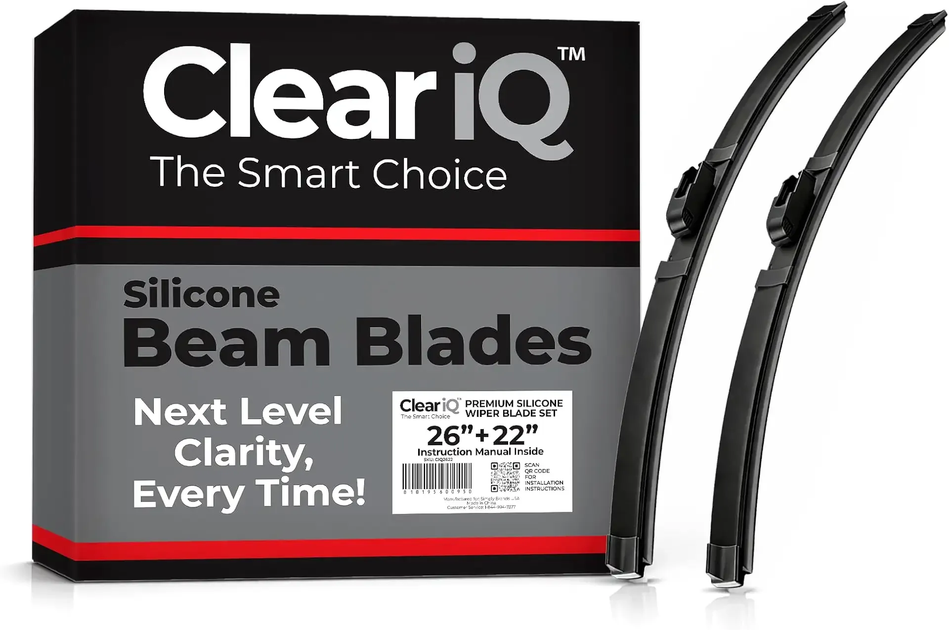 Clear IQ Premium Silicone Windshield Wipers 26 in. Driver and 22 in. Passenger Set - Beam Style Automotive Replacement Windshield Wiper Blades for Car - All Weather 26 and 22 Inch Wiper Blade Set