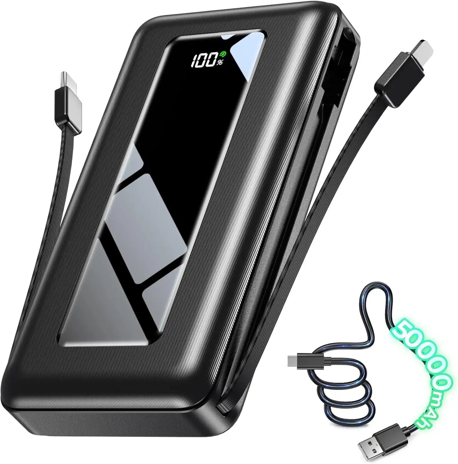 50000mAh Portable Charger Power Bank, Fast Charging with Built in Cables | Ultra-High Capacity, Travel Essential, Charge 4 Devices, Flashlight, for iPhone 17/16/15 Series, Samsung, iPad & Laptops