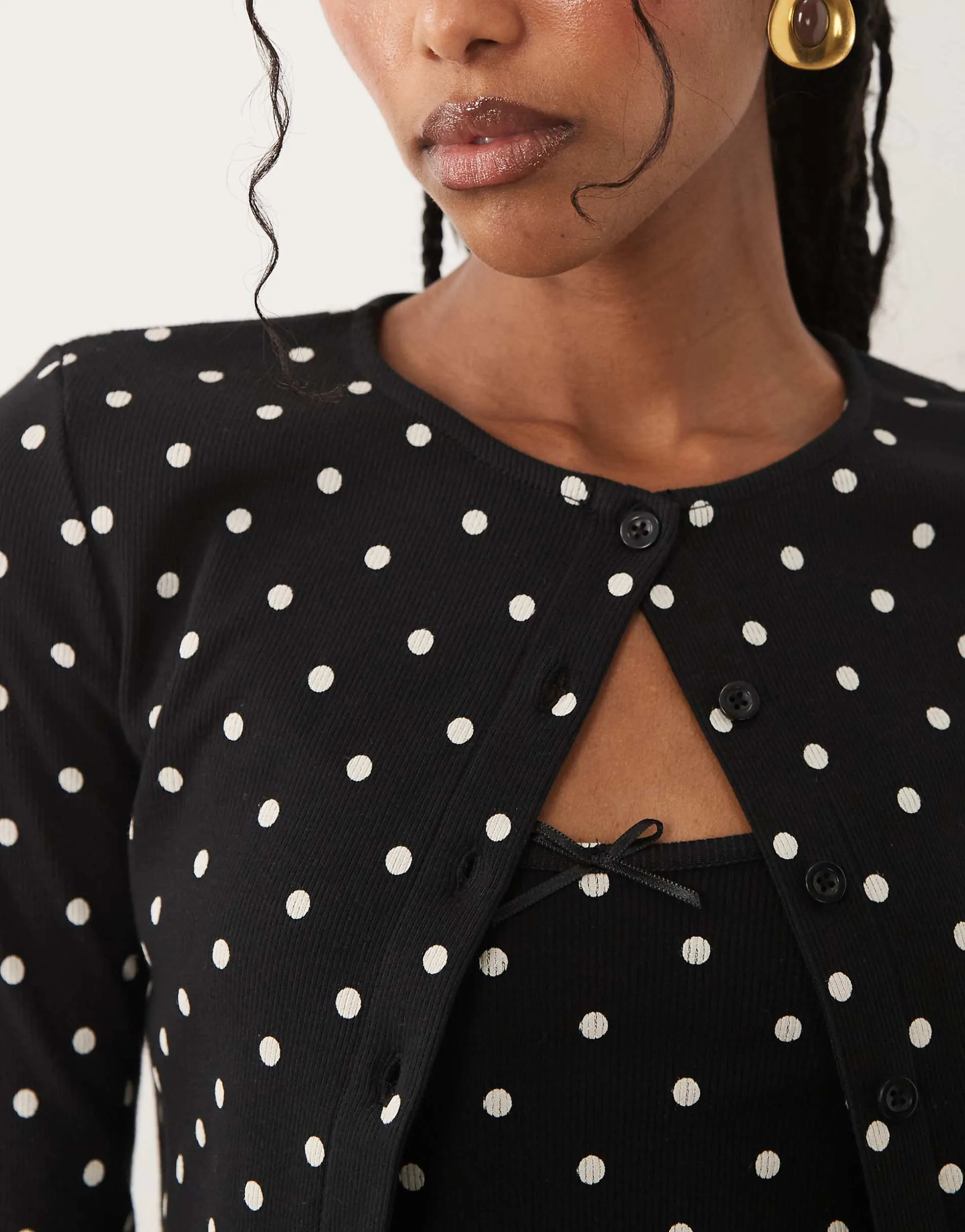 Miss Selfridge ribbed cardigan and cami set in polka dot