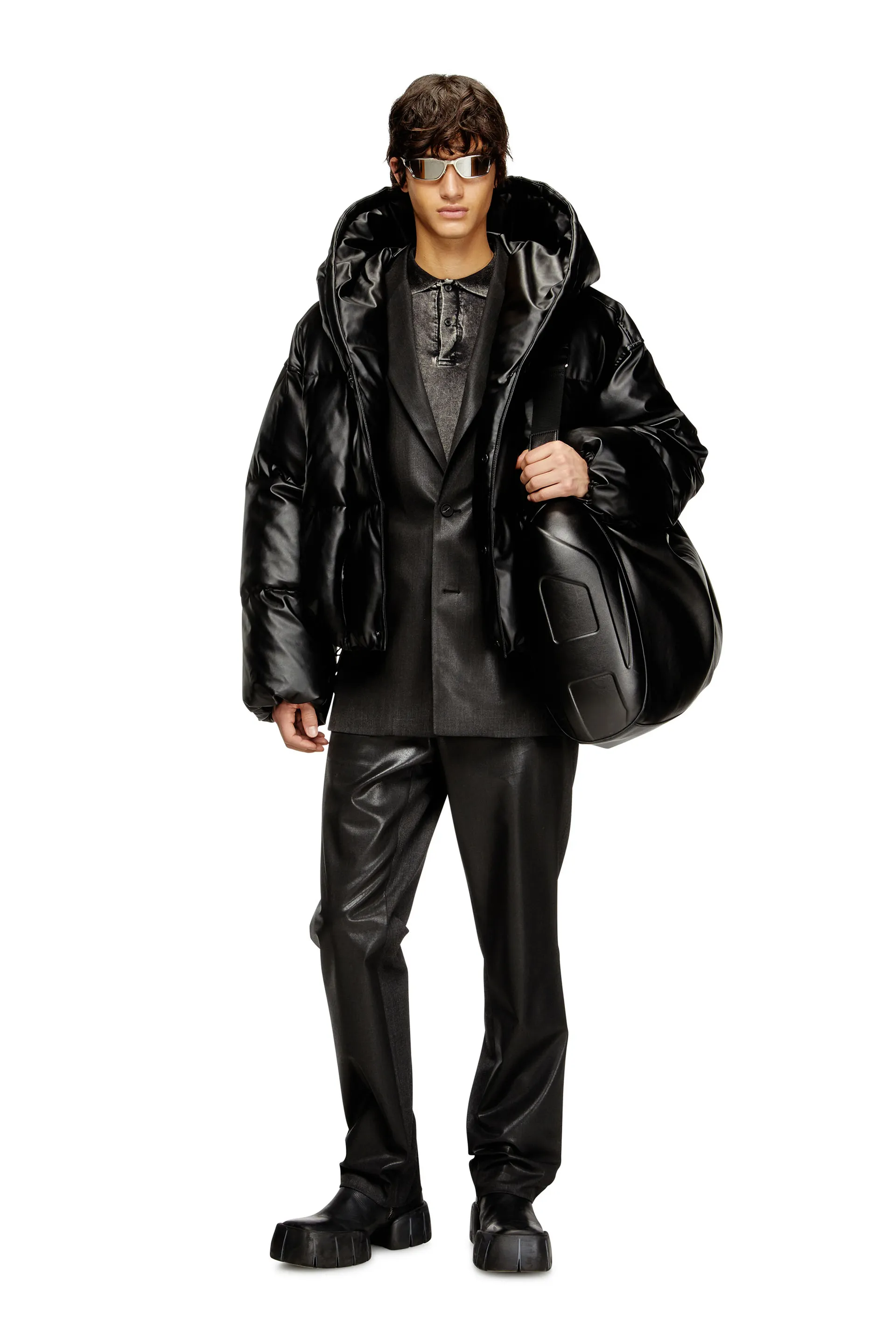 Hooded puffer jacket in coated fabric