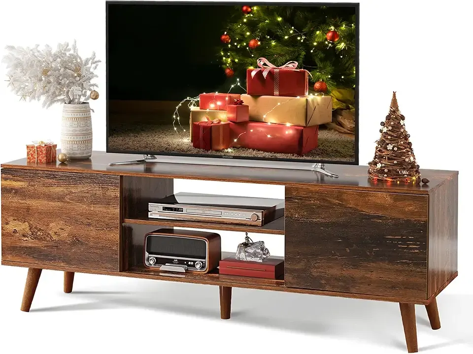 WLIVE TV Stand for 55 60 inch TV, Mid Century Modern TV Console, Entertainment Center with Storage for Living Room, Retro Brown