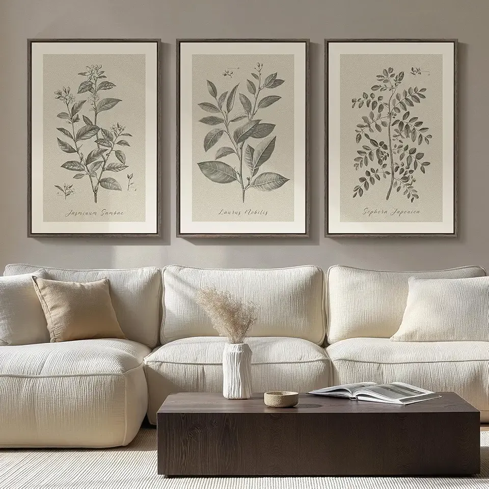 Large Framed Botanical Wall Art for Living Room, 3 Piece Neutral Plant Canvas Painting Prints Artwork for Farmhouse Walls, Vintage Floral illustration Pictures for Bedroom Kitchen Wall Decor, 20x30