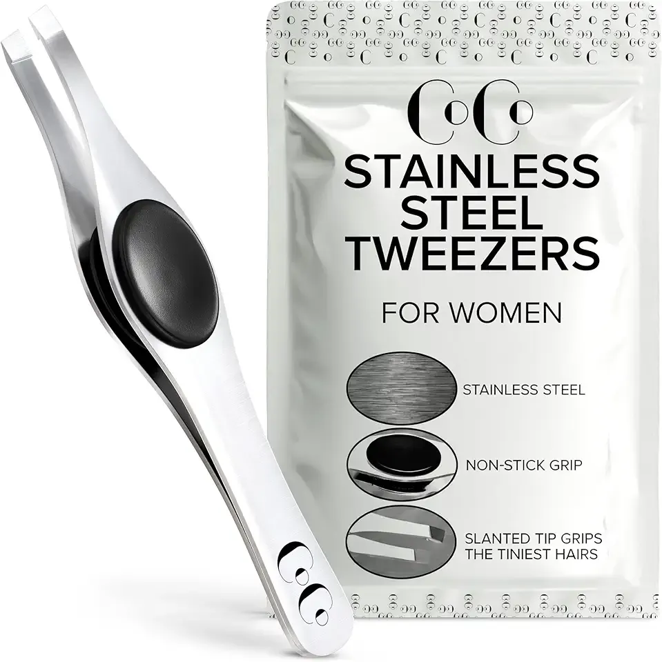 Tweezers for Facial Hair Women & Men – Stainless Steel Tweezers for Eyebrow with Professional Hand-Sharpened Slanted Tips for Fine or Ingrown Hair Removal, Precision Brow Shaping & Detail Work