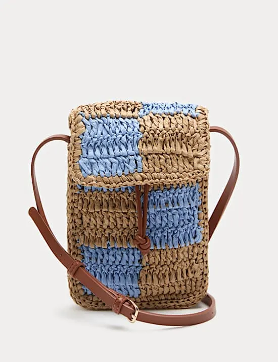 Crossbody Bag aus Stroh mit Schachbrettmuster