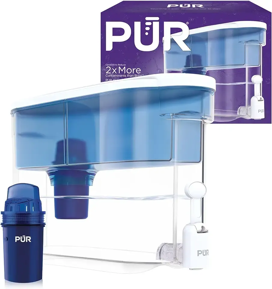 PUR 30-Cup Countertop Water Filter Dispenser, 1 Genuine PUR Filter, 2-in-1 Powerful Filtration, Lasts 2 Months or 40 Gallons, Dishwasher Safe, White/Blue (DS1800Z)