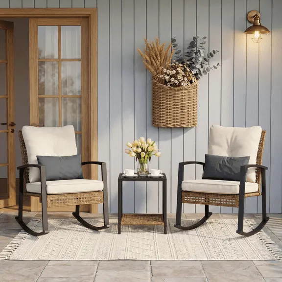 Deal, LAZZO 3 Pieces Patio Outdoor Conversation Set with Lumbar Pillows and Coffee Table, PE Wicker Rocking Chairs with Beige Cushions