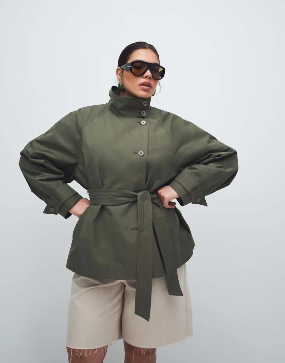 ASOS DESIGN Curve funnel neck tie belt trench coat in Khaki