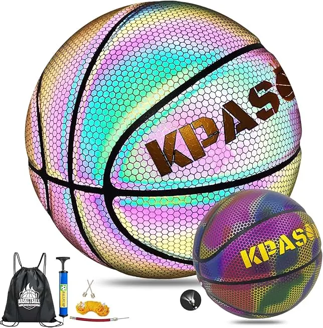 KPASON Holographic Basketball - Size 5 (27.5"), Size 6 (28.5"), Size 7 (29.5") Indoor/Outdoor Reflective Glowing Leather Basketball for Adults