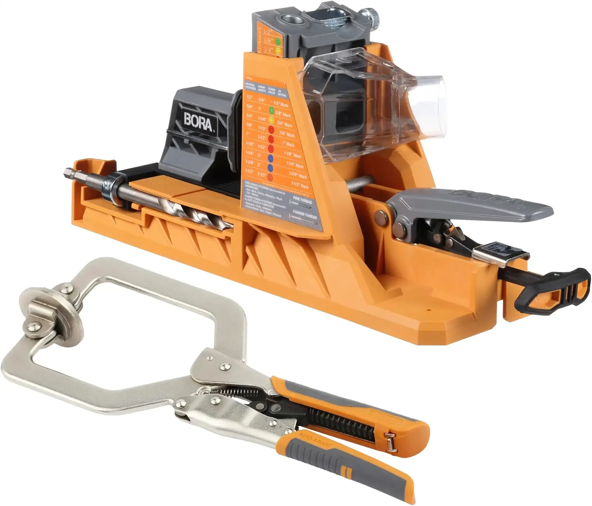 BORA Automatic Pocket Hole Jig with 3" Face Clamp and 50 Screws, Auto Adjusting Drill Guide, Pocket Hole Jig Kit for Woodworking - For Materials 1/2 inch to 1 1/2 inch Thick, Power Tool Accessory Jigs