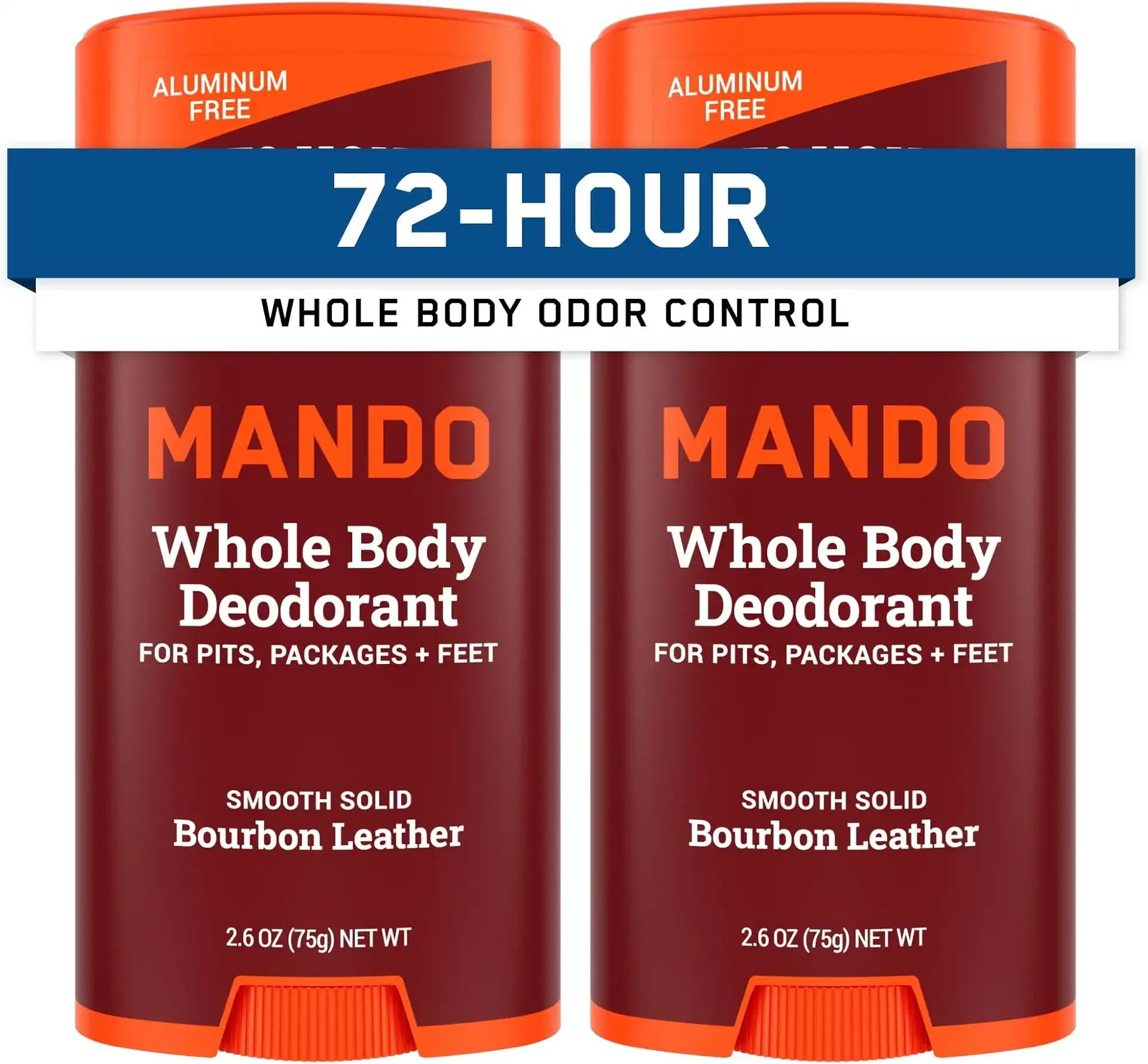Mando Whole Body Deodorant For Men - Smooth Solid Stick - 72 Hour Odor Control - Aluminum Free, Baking Soda Free, Skin Safe - 2.6 Ounce (Pack of 2) - Bourbon Leather