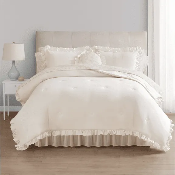 Mainstays All in One Reversible Comforter and Sheet set- 11 Piece, Queen, Cream Ruffle