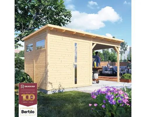 Dřevěný zahradní domek Bertilo Pentus 2 přírodní 449 x 234 cm vč. přístřešku